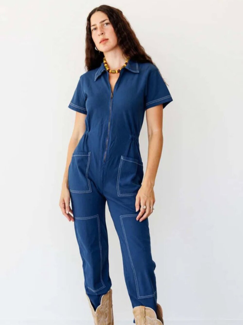Light Blue Short-Sleeve Zip-Front Jumpsuit Navy Blue Women’s Medium